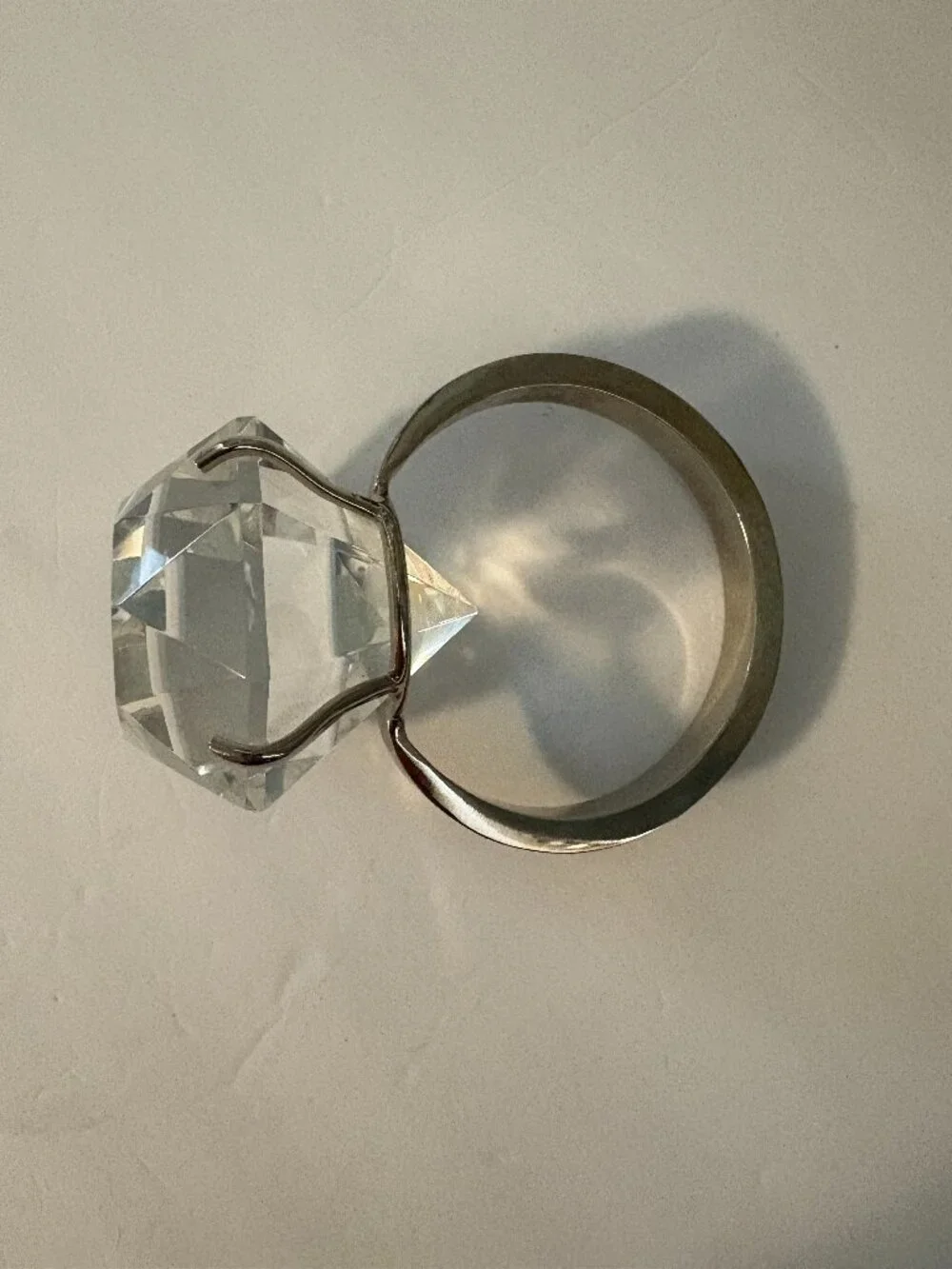 Vintage Giant Novelty Faux Diamond Ring Clear Glass Metal Decor/Paperweight